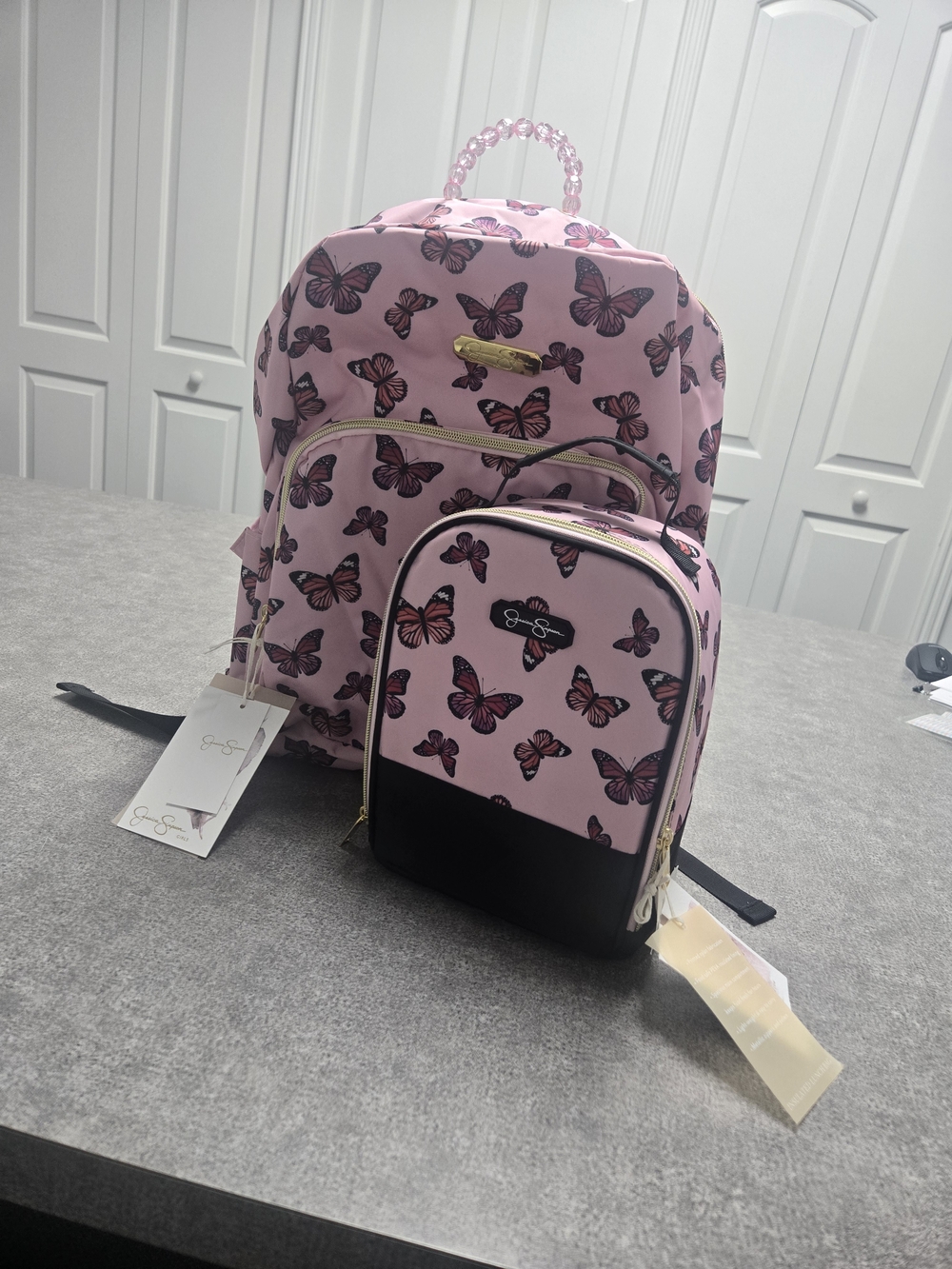 Jessica Simpson Pink Butterfly Backpack Set With Lunchbox And Gold Hardware